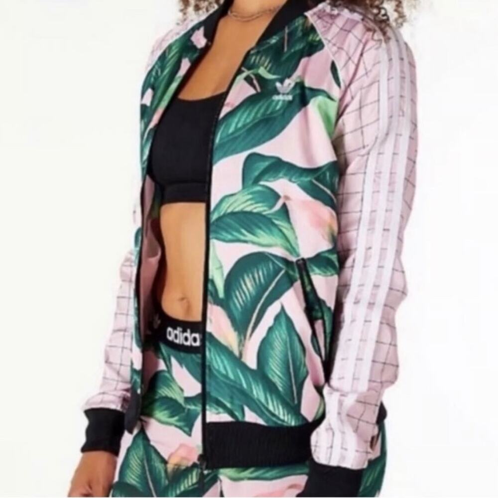 adidas Pink and Green Leaf Print Jacket